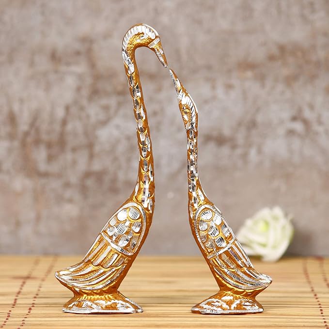 Artisyn Silver and Golden Metal Loving Kissing Swan Couple Statue Cute Love Birds Figurines Showpieces