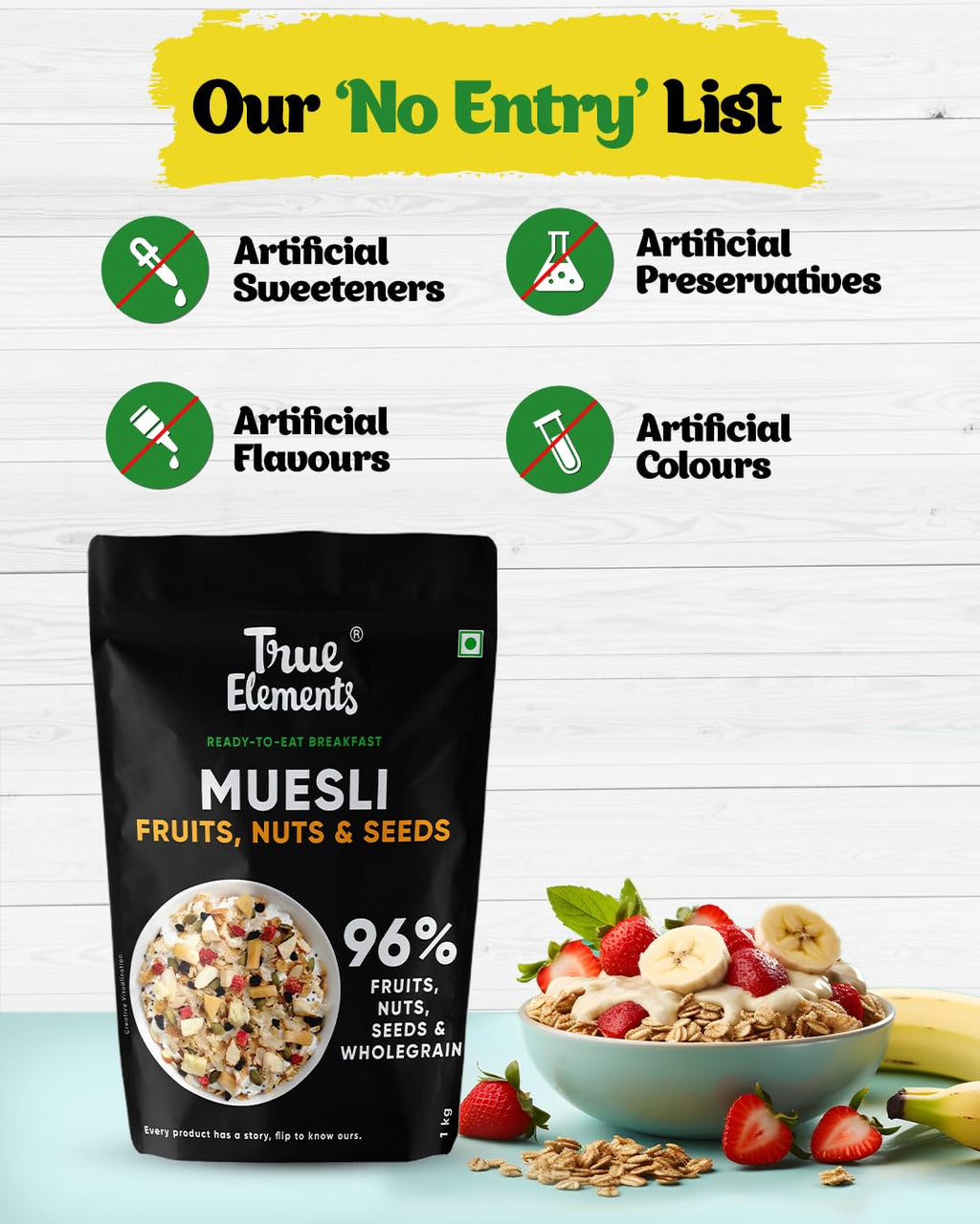 True Elements Muesli Fruit and Nuts 1kg - With Real Fruits & Almonds | 100% Wholegrain Muesli with Oats, Almonds | Real Freeze-dried fruits, Not Candied | Breakfast Cereal | High Fibre & Nutrient-Rich blend