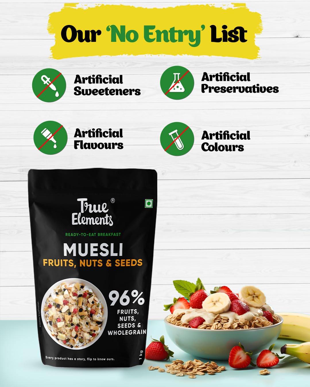 True Elements Muesli Fruit and Nuts 1kg - With Real Fruits & Almonds | 100% Wholegrain Muesli with Oats, Almonds | Real Freeze-dried fruits, Not Candied | Breakfast Cereal | High Fibre & Nutrient-Rich blend