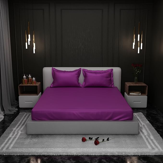 Stoa Paris Satin Elastic Fitted Bedsheets 300TC Premium Fitted Sheet 2 Pillow Covers Colour Plum
