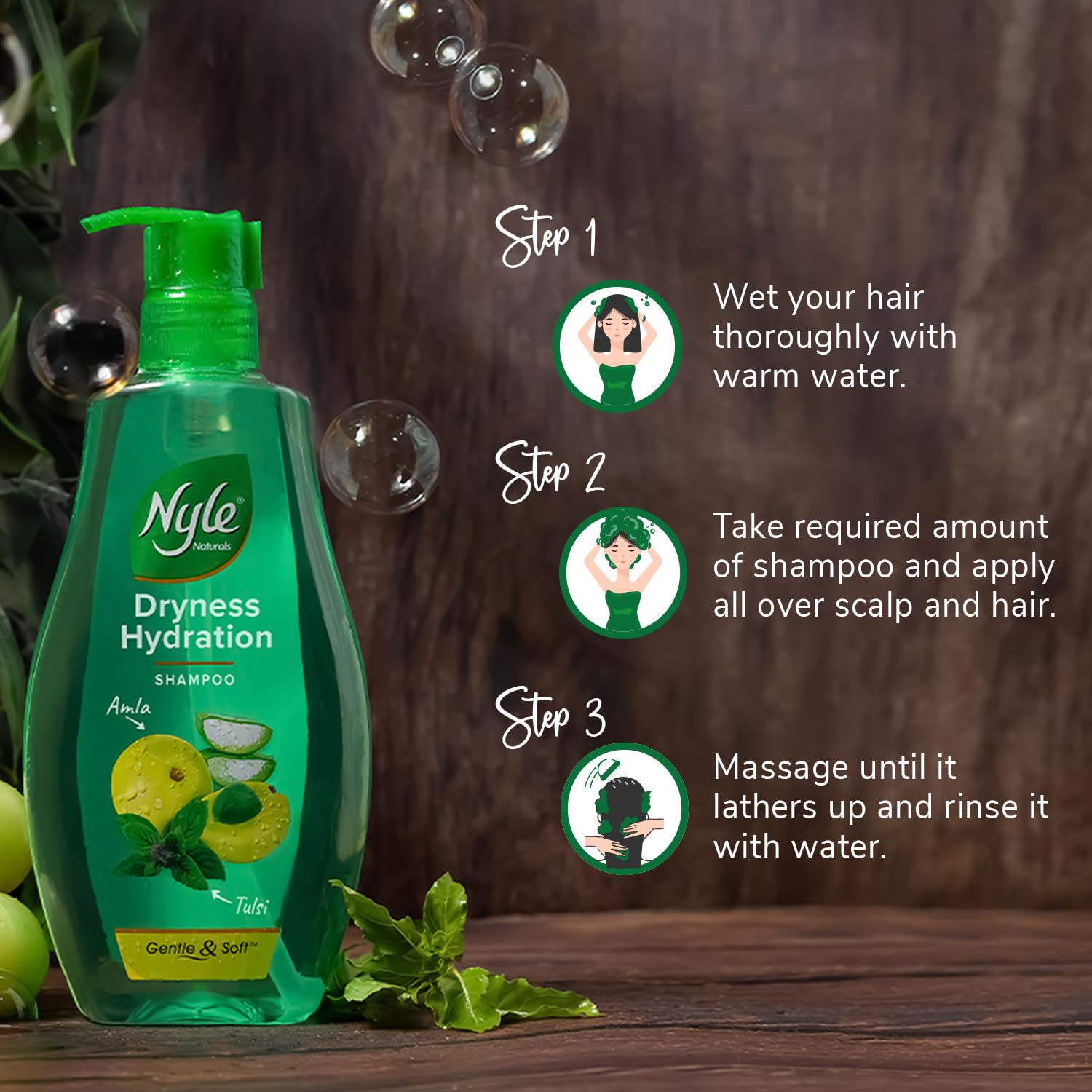 Nyle Naturals Dryness Hydration Shampoo, with Tulsi, Amla and Aloe Vera, Gentle & Soft Shampoo, pH Balanced and Paraben Free, For Men and Women,400ml