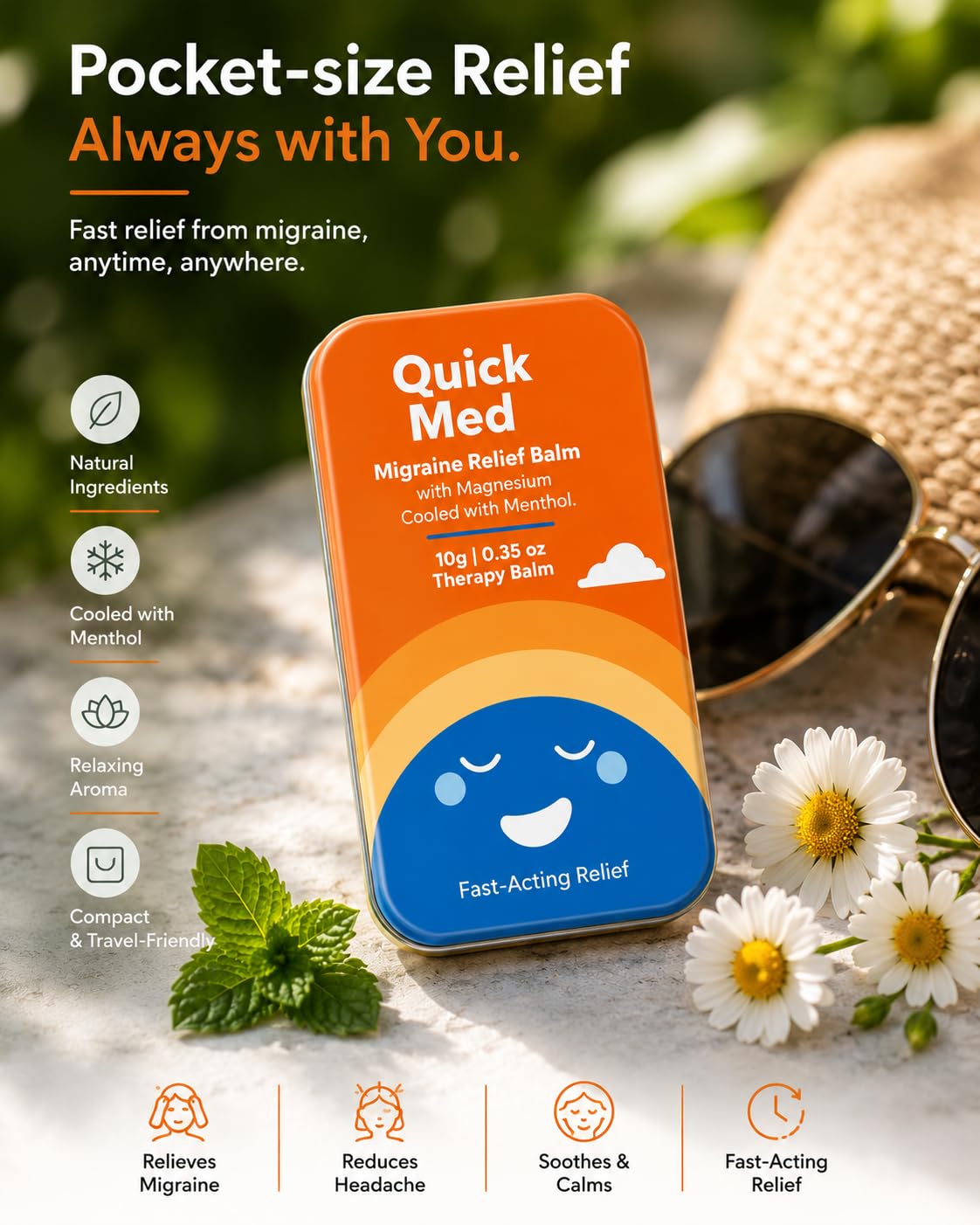 Quick Med Migraine Relief Balm 10g – Fast Relief in Just 2 Minutes | Cooling Menthol Formula | Pocket-Size Therapy Balm