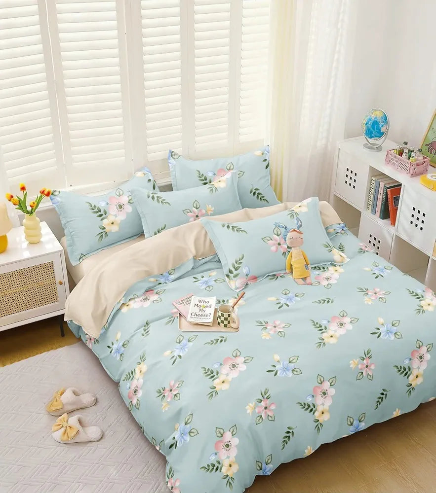 The Home Style 300 TC Cotton Feel Glace Cotton All Around Elastic Fitted Printed King Size Double Bed Bedsheet with 2 Pillow Cover Pista Green