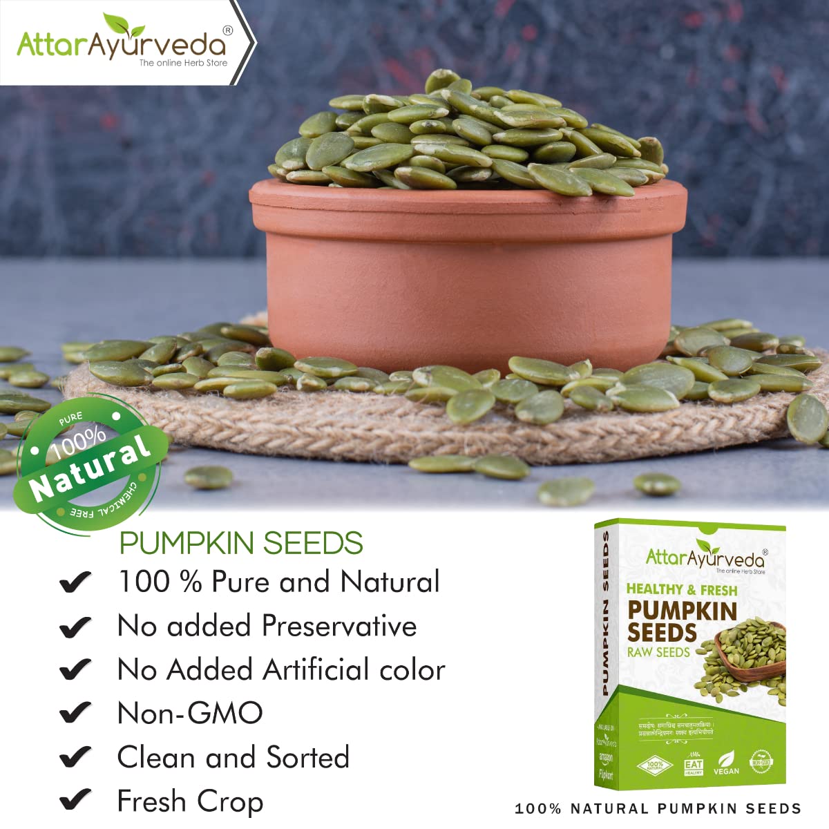 Attar Ayurveda Raw pumpkin seeds for eating (250 grams) | Protein and Fiber Rich Superfood | Unsalted, unroasted