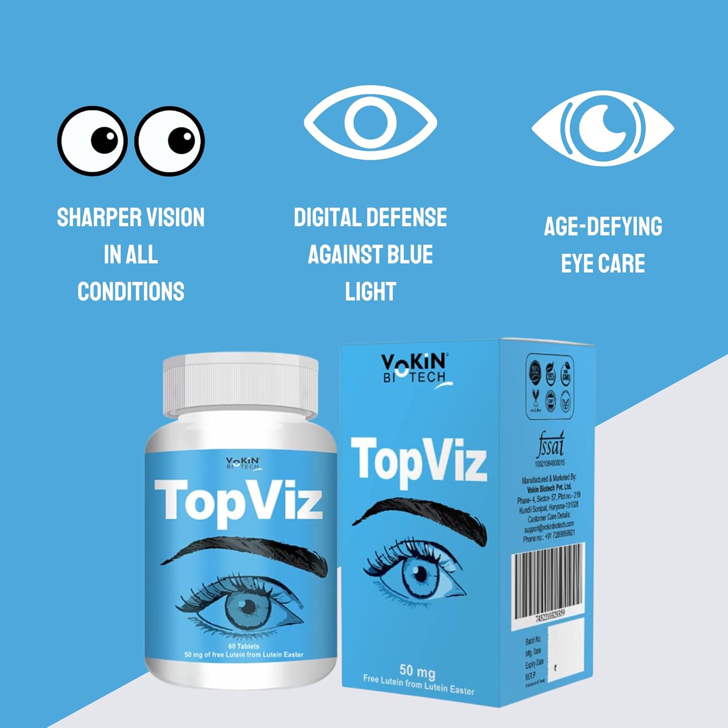 Vokin Biotech TopViz Eye Care Supplement to Improve Vision, Blue Light & Digital Guard (Lutein, Zeaxanthin) - 60 Vegetarian Tablets (Pack of 1)