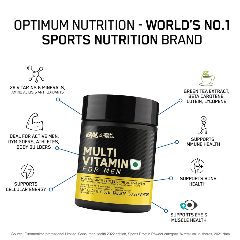 Optimum Nutrition (ON) Multivitamin for MENâ€“ 60 Tablets, 26 Vitamins & Minerals, Amino Acids & Anti-Oxidants (Green Tea Extract, Beta Carotene, Lutein, Lycopene). Vegetarian.