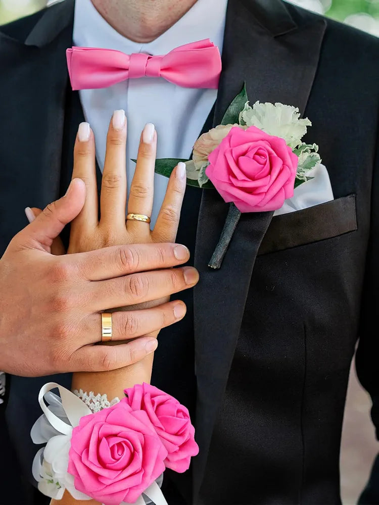 Artificial Flower Roses 30PCS Real Touch Spring Fake Flowers with Stem Fuchsia Foam Roses