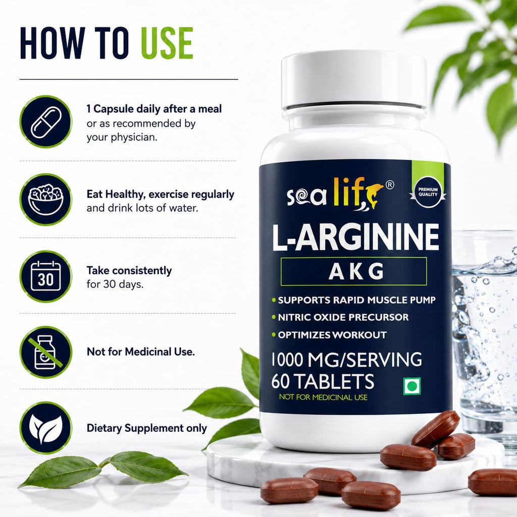 Sea Life L-Arginine AKG 1000 mg (60 Veg Tablets) | Boosts Stamina & Supports Rapid Muscle Pump | Nitric Oxide Precursor | Muscle Building Amino Acid | High Absorption L Arginine Supplement