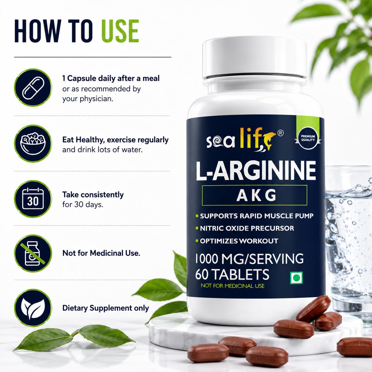 Sea Life L-Arginine AKG 1000 mg (60 Veg Tablets) | Boosts Stamina & Supports Rapid Muscle Pump | Nitric Oxide Precursor | Muscle Building Amino Acid | High Absorption L Arginine Supplement