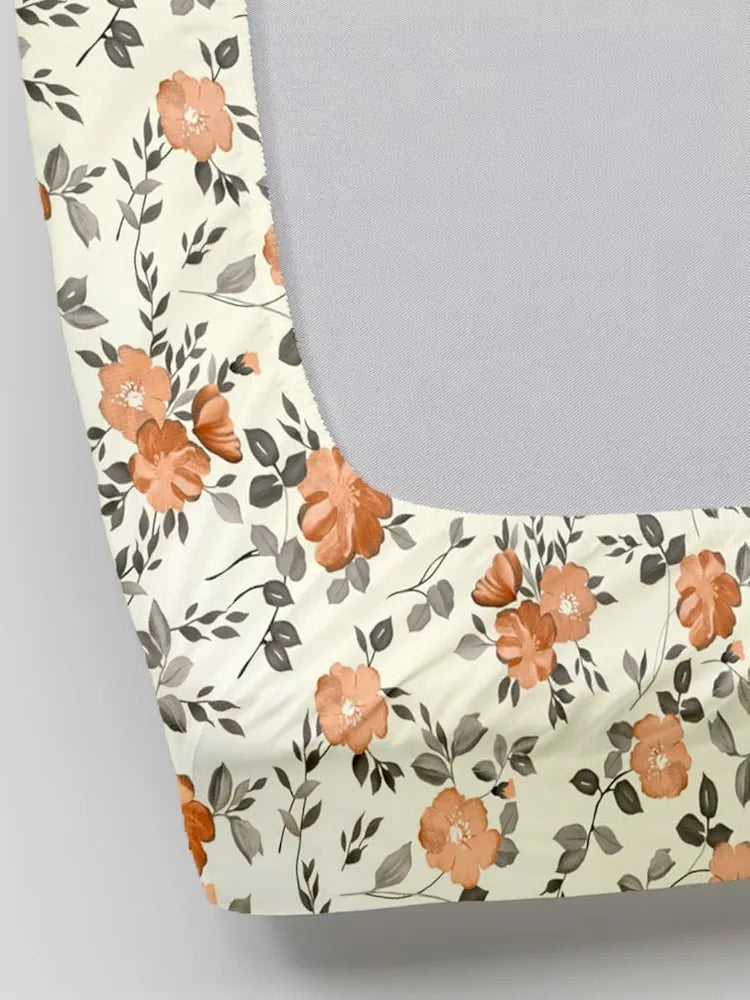 Trance Home Linen 180TC 100% Cotton 78"x60" Standard Queen Size Elastic Fitted Bedsheet Printed Queen Bed Size with 2 Pillow Covers Colour Blooms Rust