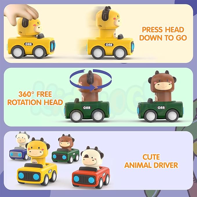 Kidology Press & Go Friction Powered Cars for Babies 0-3 Years Set of 2 Animal Car