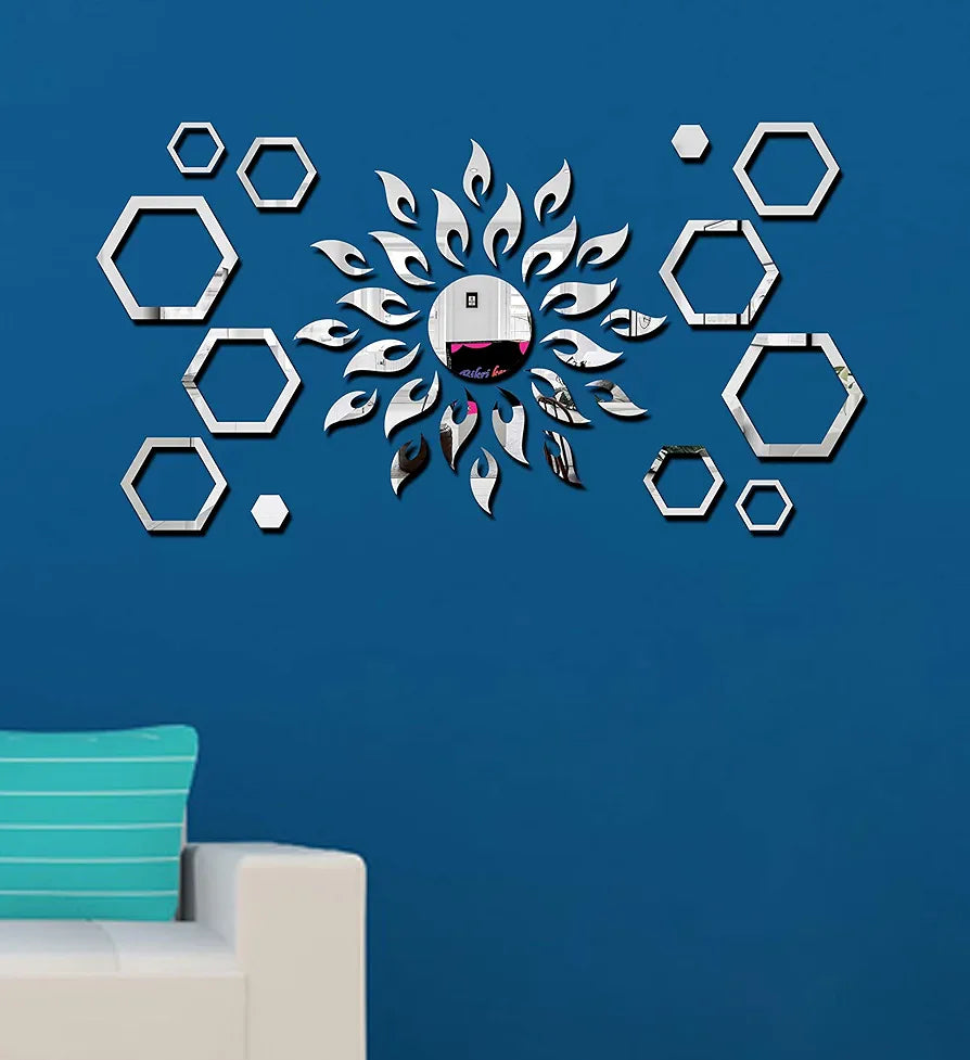 Bikri Kendra Art BK71 Sun with Hexagon Ring 2 Set - 3D Acrylic Mirror Stickers for Wall Silver
