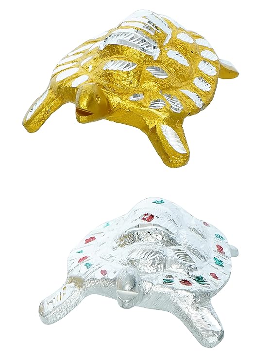 Ecraftindia Golden and Silver Engraved Tortoise Feng Shui Handcrafted Decorative Metal Showpiece