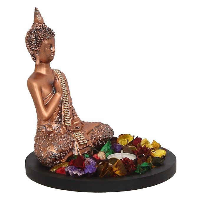 Ecraftindia Copper Finish Meditating Buddha Decorative Showpiece With Wooden Base | Fragranced Petals and Tealight