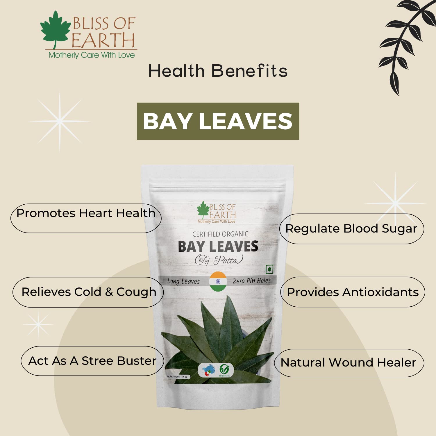 Bliss of Earth Certified Organic Indian Bay Leaves With Zero Pin Holes & Zero Dust, A1 Grade Tej Patta With Uniform Green Color, 50gm