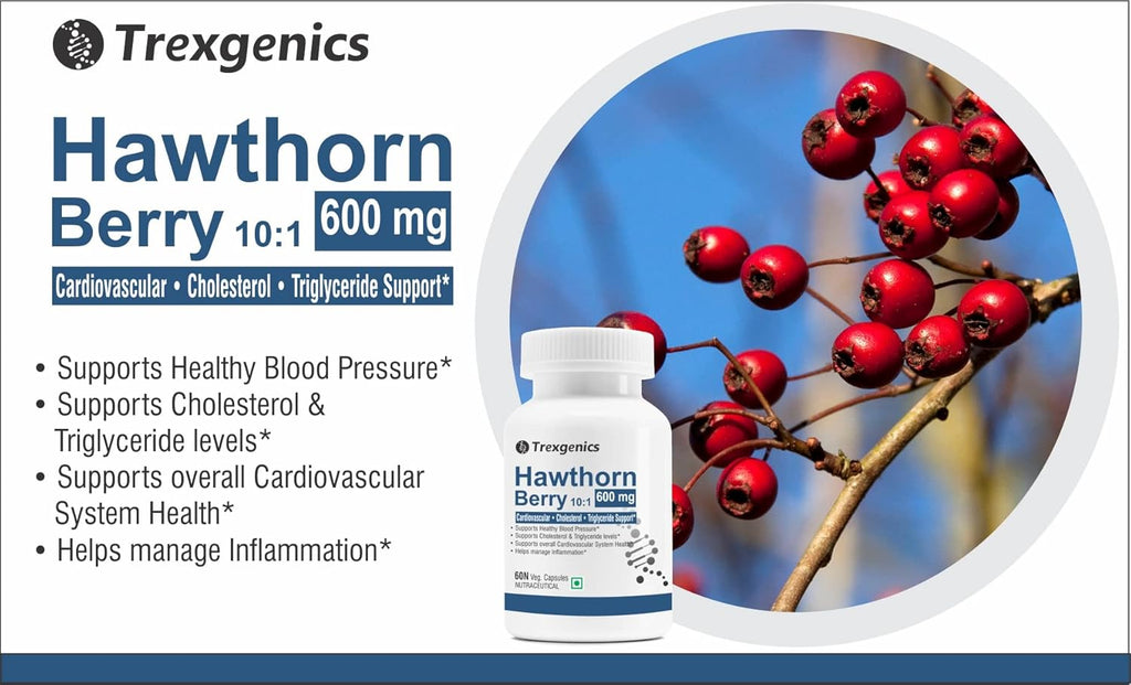 Trexgenics HAWTHORN BERRY 600 mg Cardiovascular, Cholesterol, triglycerides, Blood Pressure Support VEGAN & NON-GMO (60 Veg. Capsules) (Pack of 1)