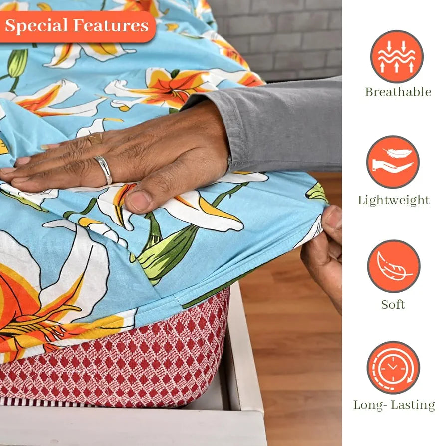 Divine Casa Floret 100% Cotton Double Fitted Bedsheet 144 TC Colour Wildflower Charm