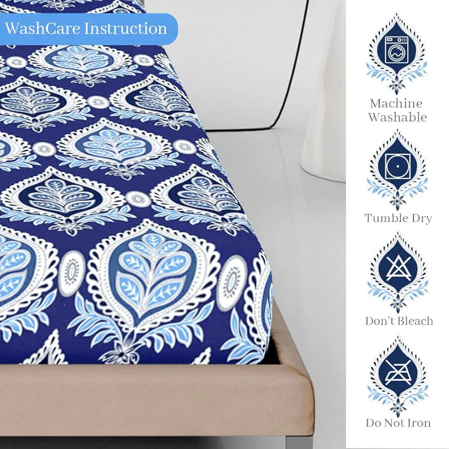 Divine Casa 144 TC Floral Blue 100% Elastic Fitted Printed King Size Double Bed Bedsheet with 2 Pillow Cover for Bedroom Colour Baja Blue