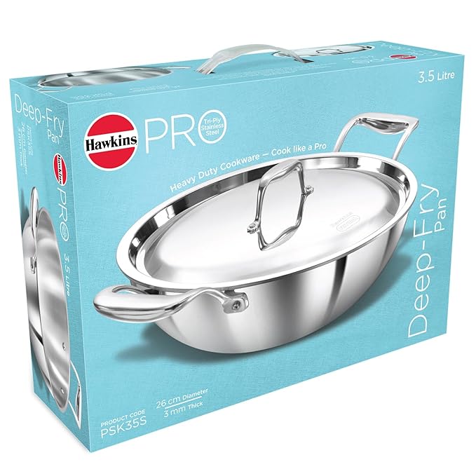 Hawkins Pro 3.5 Litre Deep-Fry Pan, Triply Stainless Steel Kadhai with Stainless Steel Handles and Stainless Steel Lid, Silver