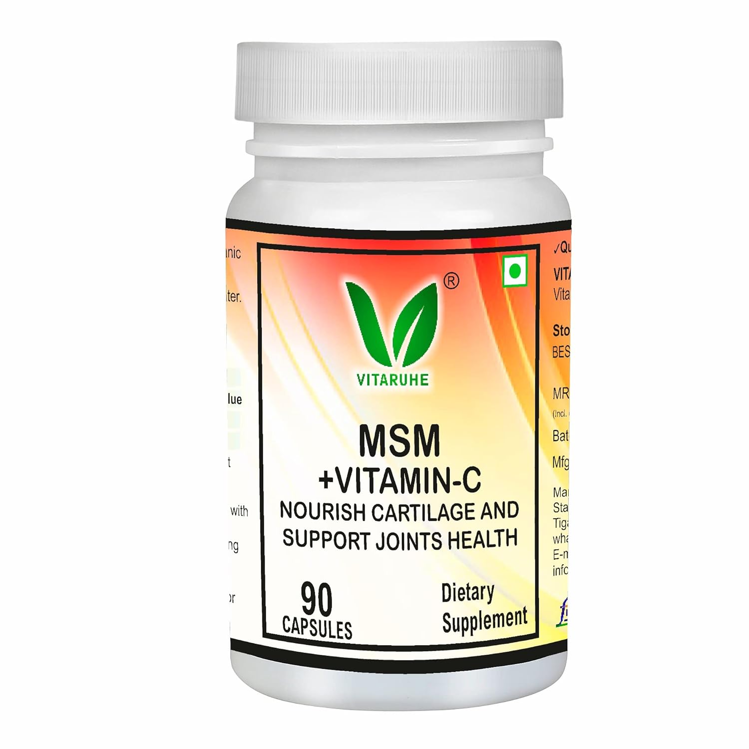 Vitaruhe® MSM Capsules with Vitamin C, 90 Capsules for 3 Months, Daily High Dose of Organic Sulfur Powder, 99.9% Pure Methylsulfonylmethane