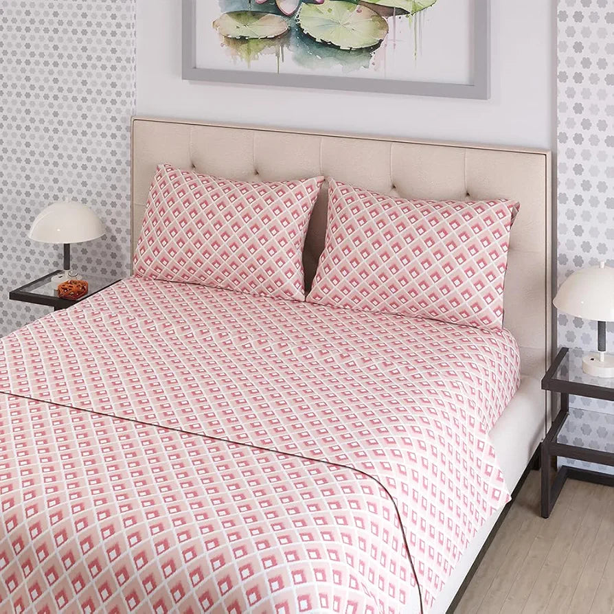 Layers Tivoli Cotton Bedsheet Set for All Seasons Lightweight 104 TC Queen Size Beige/Blue Color