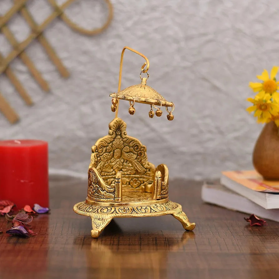 Metal Singhasan Oval Shaped for Ganesha Krishna God Idols - Gold Plated Ladoo Gopal Pooja Chowki