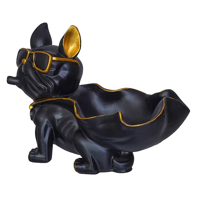 Ecraftindia Black Bull Dog Statue in Glasses With Cape Serving Tray Animal Figurine for Home Table Decor Showpiece