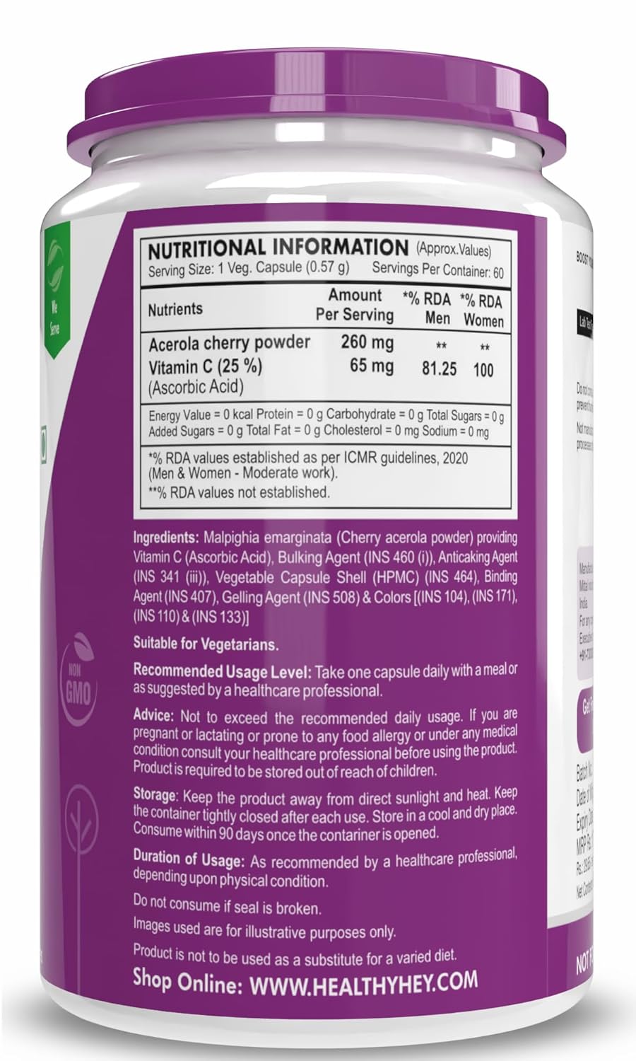 HealthyHey Nutrition 100% Natural Vitamin C from Cherry - 60 Veg. Capsules