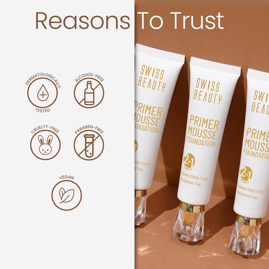 Swiss Beauty Primer Mousse Foundation Weightless Smooth & Velvet Touch, Matte Finish, Face Makeup, Natural Beige, 30ml
