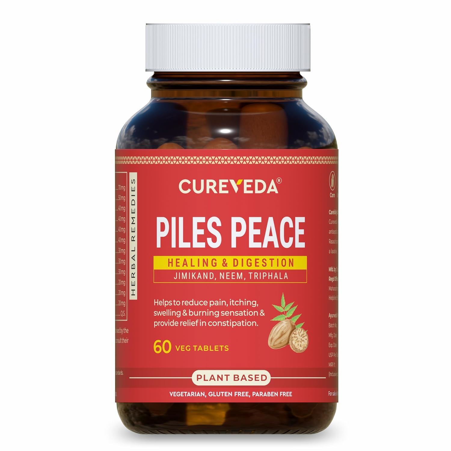 Cureveda Piles Peace Herbal Tablets | Improve Digestion and Relief from Constipation, Pain & Swelling | Helps to Reduce Itching, Inflammation & Swelling for Men, Women (60 Tablets)
