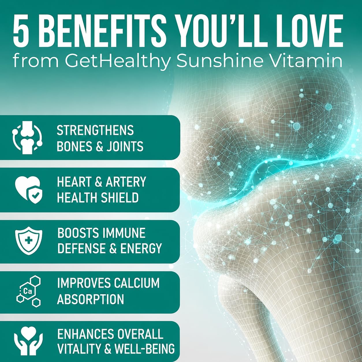 GetHealthyÂ® Sunshine Vitaminâ„¢ | Vegan Vitamin D3 K2 MK7 Tablets | 600 IU Vitamin D3 + K2 Supplement for Bone, Heart & Immune Support | 30 Day Supply | Third-Party Lab Tested