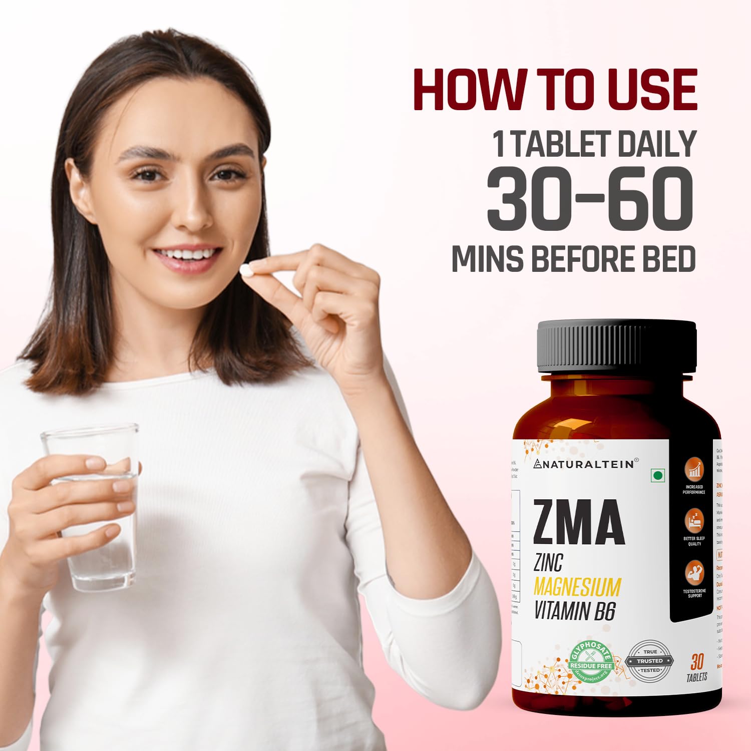 NATURALTEIN ZMA Tablets â€“ Zinc Magnesium Vitamin B6 Supplement | 30 Veg Tablets | Sports Recovery & Daily Performance | Muscle Strength, Better Sleep & Faster Recovery
