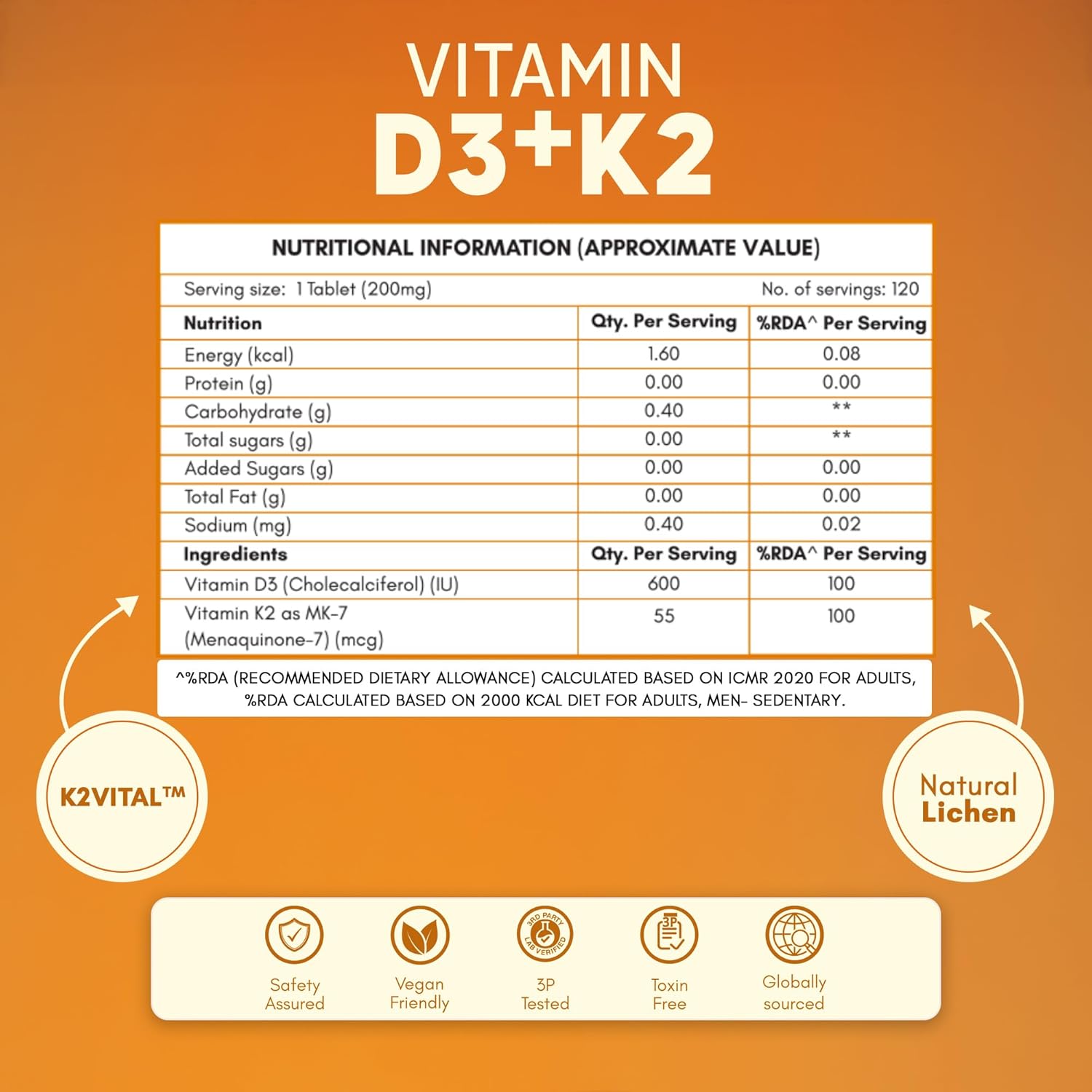 Rasayanam Vitamin D3 K2(MK-7) | 100% Vegan Vitamin D3 | Superior K2(MK-7) from Balchem, USA | For Calcium Utilization, Bone Strength & Heart Health | D3 Supplement For Immunity | 120 Veg Tablets