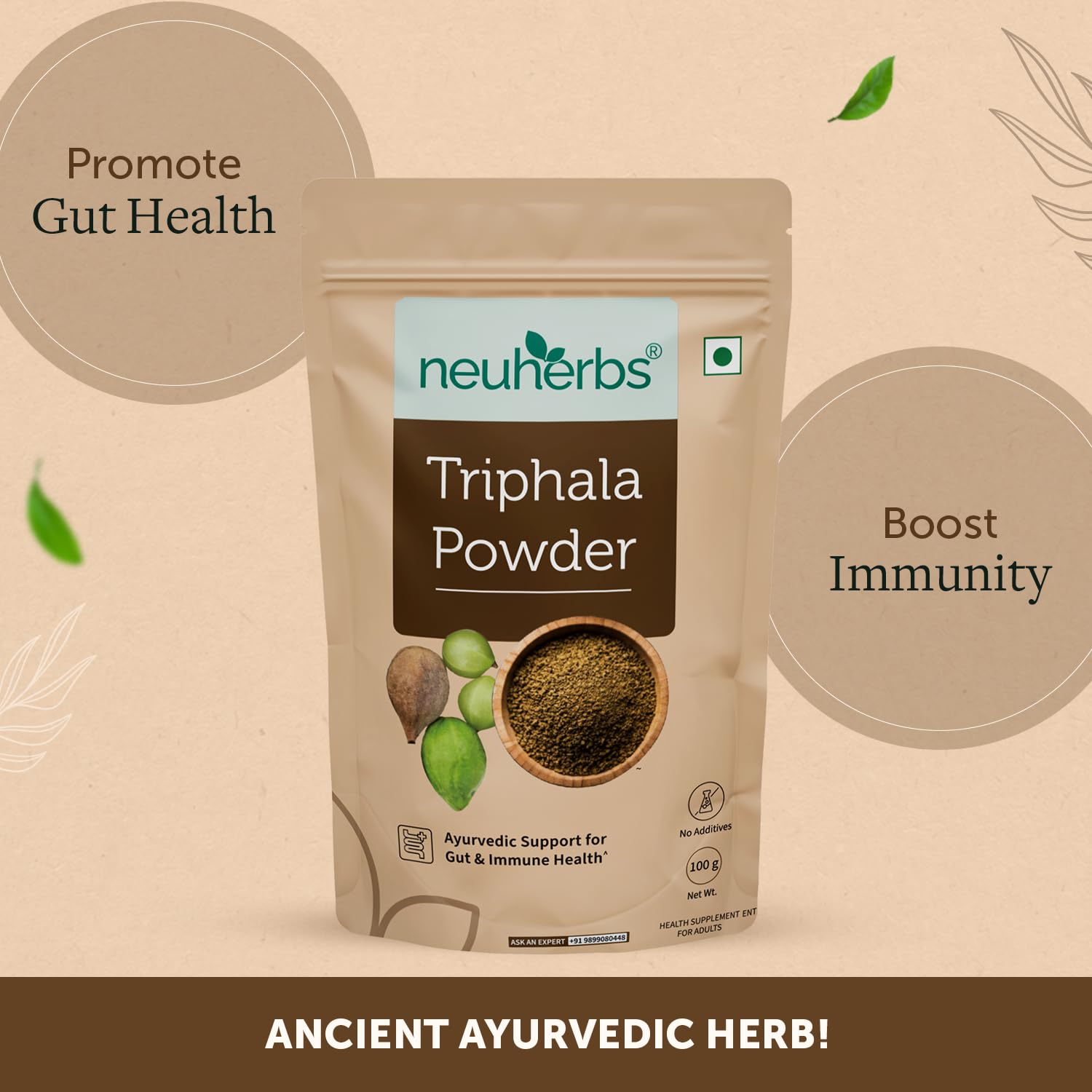 Neuherbs Organic Triphala Powder - 100 GM | Triphala Churna For Gut, Immune & Intestinal Health | Helps Relieve Constipation | Herbal Supplement | Quick Acidity & Gas Relief | Certified Organic