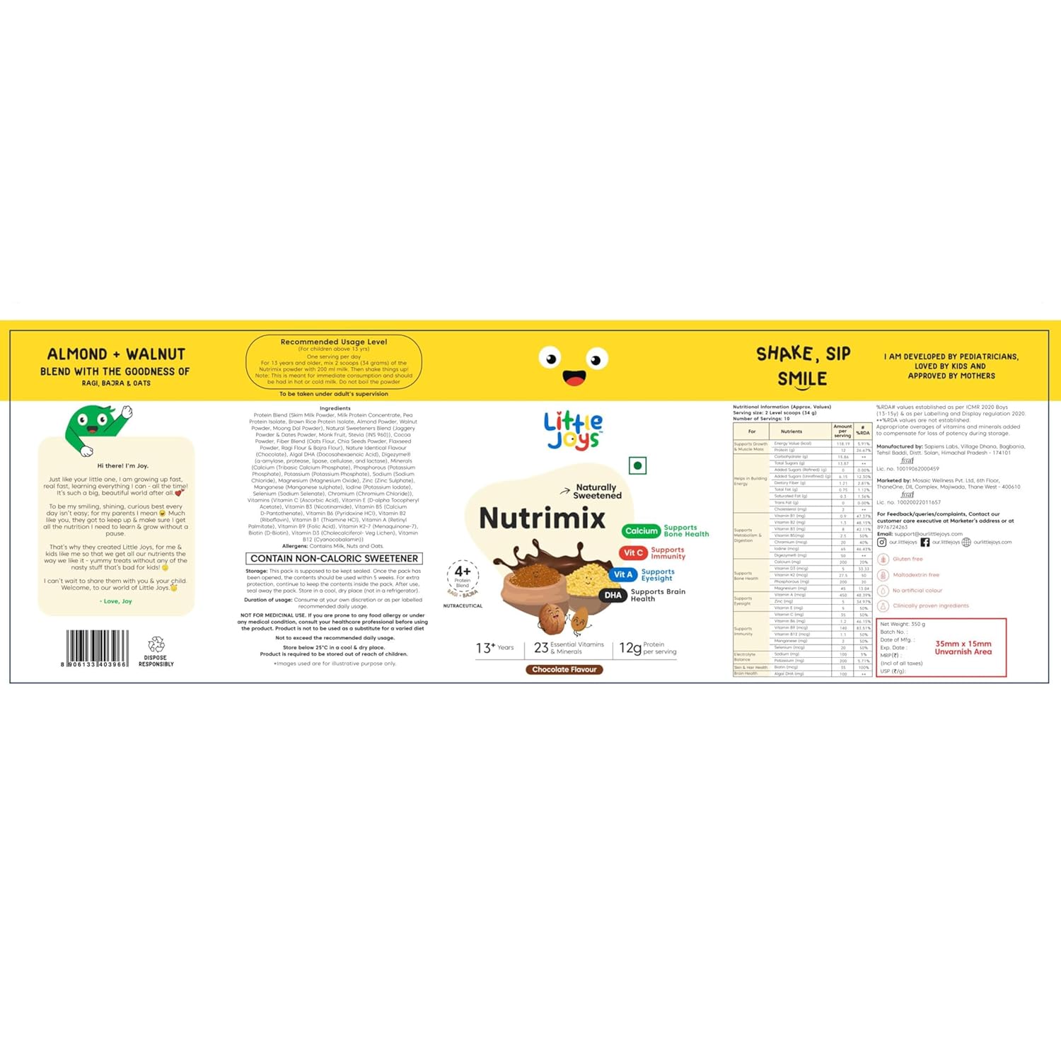 Little Joys Chocolate Nutrimix 13+ (350g) | Naturally Sweetened with Dates & Jaggery | With 23 Essential Vitamins & Minerals | 12g Protein per Serving | Supports Healthy Growth & Boosts Immunity| Chocolate Flavour Nutrition Drink Powder