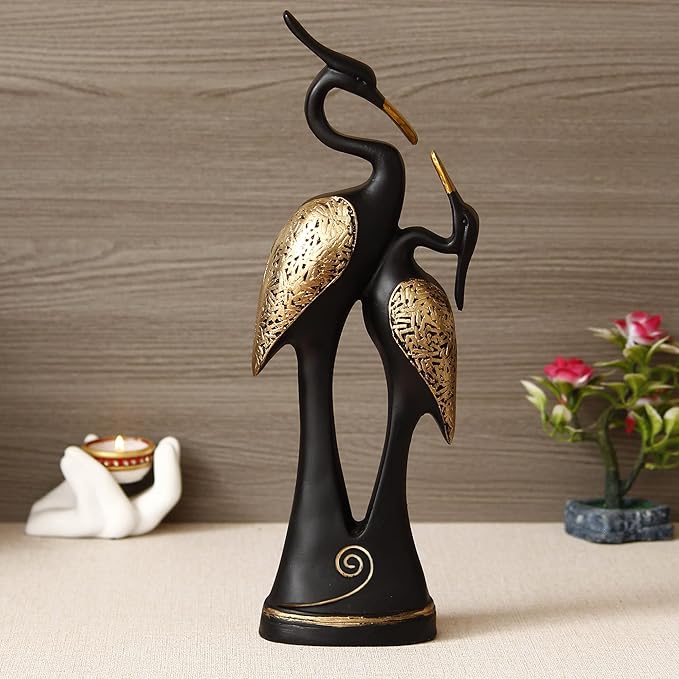 Ecraftindia Resin Golden and Black Kissing Swan Couple Statues Love Birds Figurines Decorative Showpieces