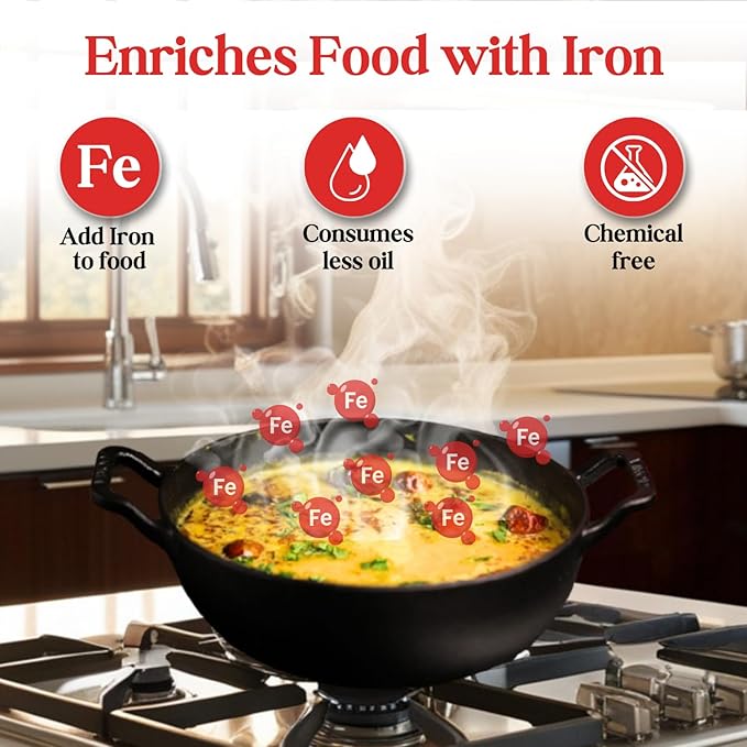 Vinod Legacy Pre Seasoned Cast Iron Kadai with Glass Lid - 3.3 Litre, 24 cm | Naturally Non Stick Kadhai for Cooking