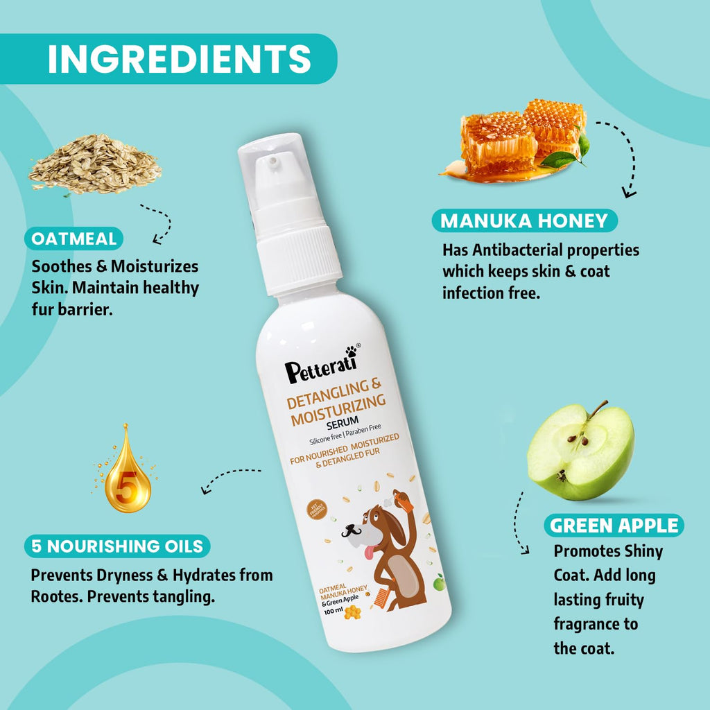 Petterati Detangling Serum for Dogs 100ml | Anti Frizz, Shiny & Brush-Friendly Coat | Silicon - Free | for All Dog Breeds | Enriched with Natural Oils & Extracts