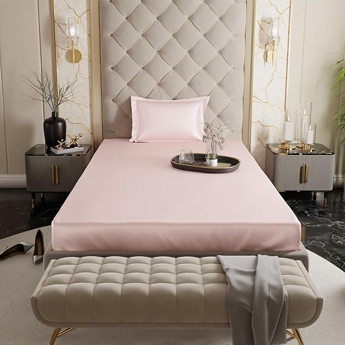 Stoa Paris Satin Elastic Fitted Bedsheets for Single Bed 300TC Premium 1 Pillow Cover Colour Blushing Pink