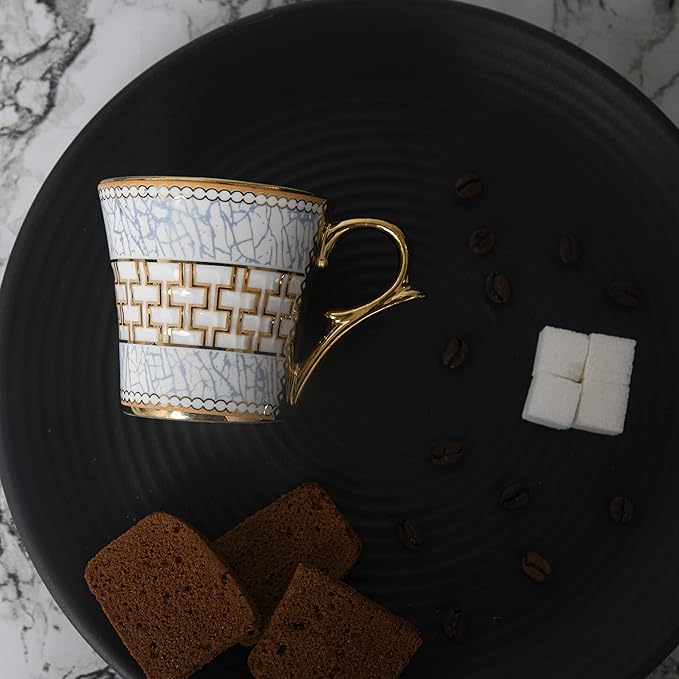 Femora Blue Craze Pattern on Golden Mugs, Ceramic Tea Cups, Coffee Mugs | 160 Ml | Golden | 6 Pcs Set | Not Microwave Safe