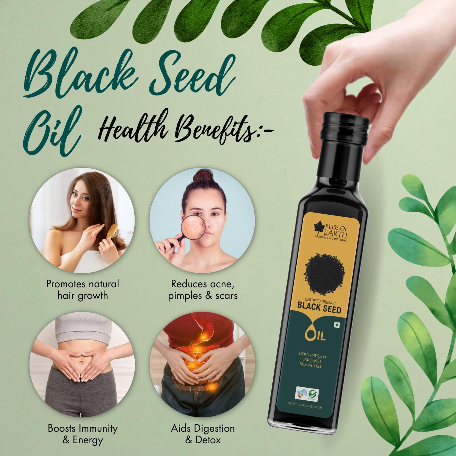 Bliss of Earth Kalonji Oil 500ml Organic For Eating, Black Seed Oil For Hair, Cold pressed & Hexane Free (Pet bottle)