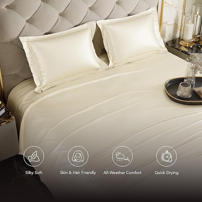 Stoa Paris Satin Bedsheets for Double Bed 300TC Premium Bedsheet with 2 Pillow Covers Colour Charming Ivory