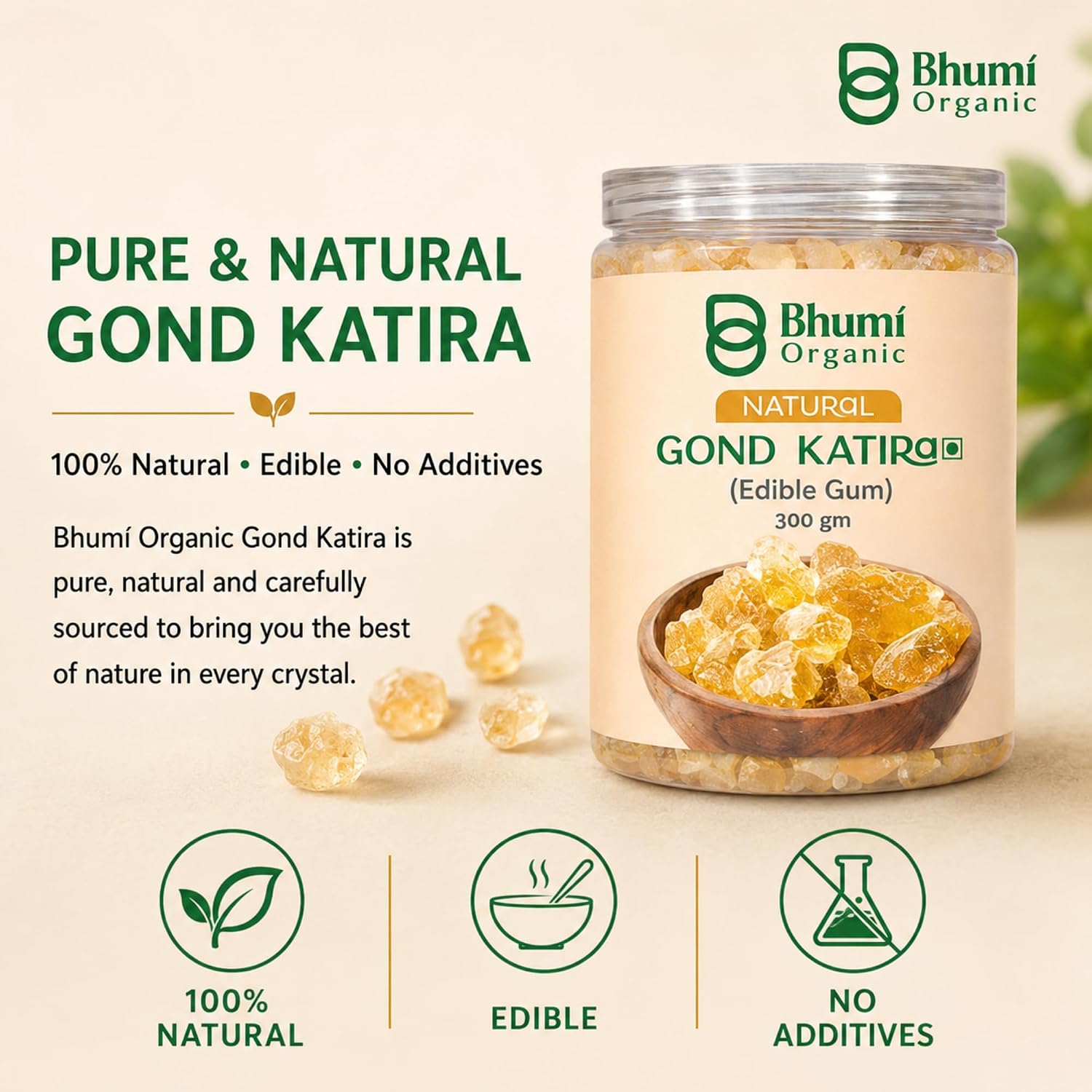 Bhumi Organic Gond Katira (Tragacanth Gum) | Natural Edible Gum for Summer Drinks, Body Cooling Ayurvedic Superfood, Gluten-Free