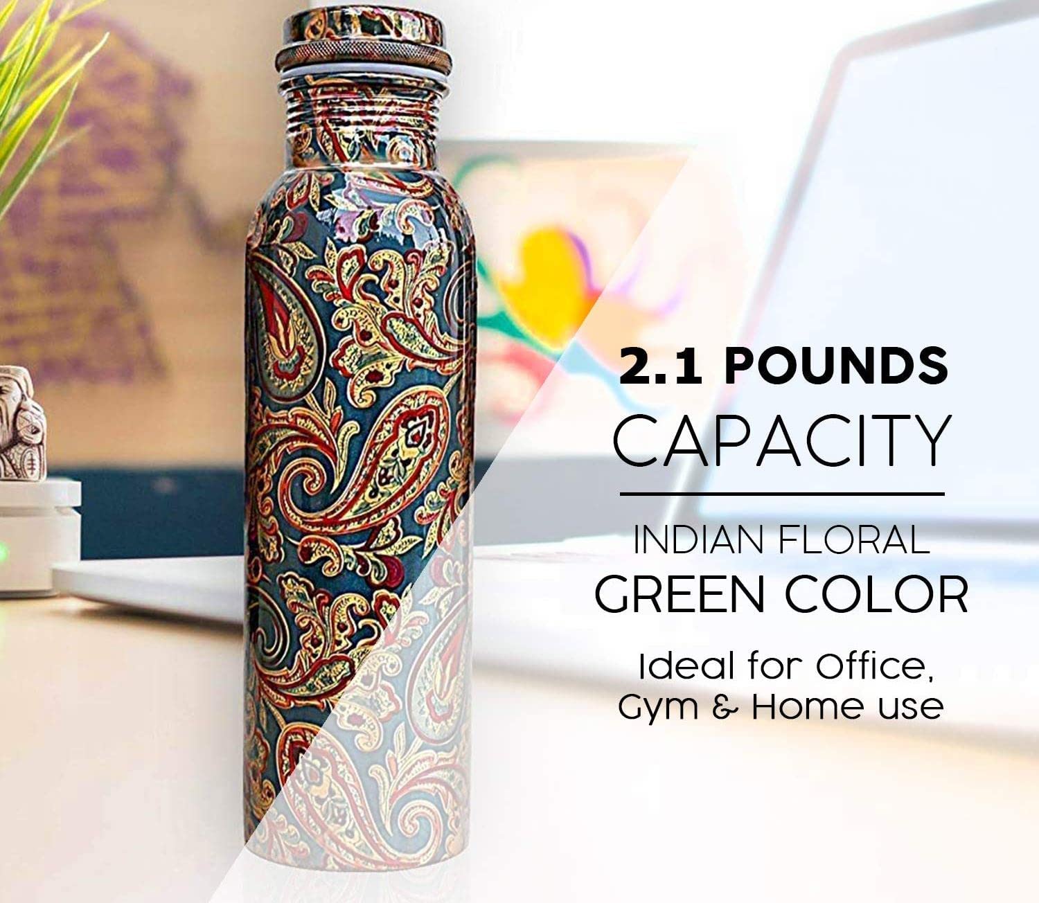 KC Pure Copper Designer Water Bottle with Leak Proof Protection, Ayurveda and Yoga Health Benefits (1000ml, 1Unit) With Lacqure Coating