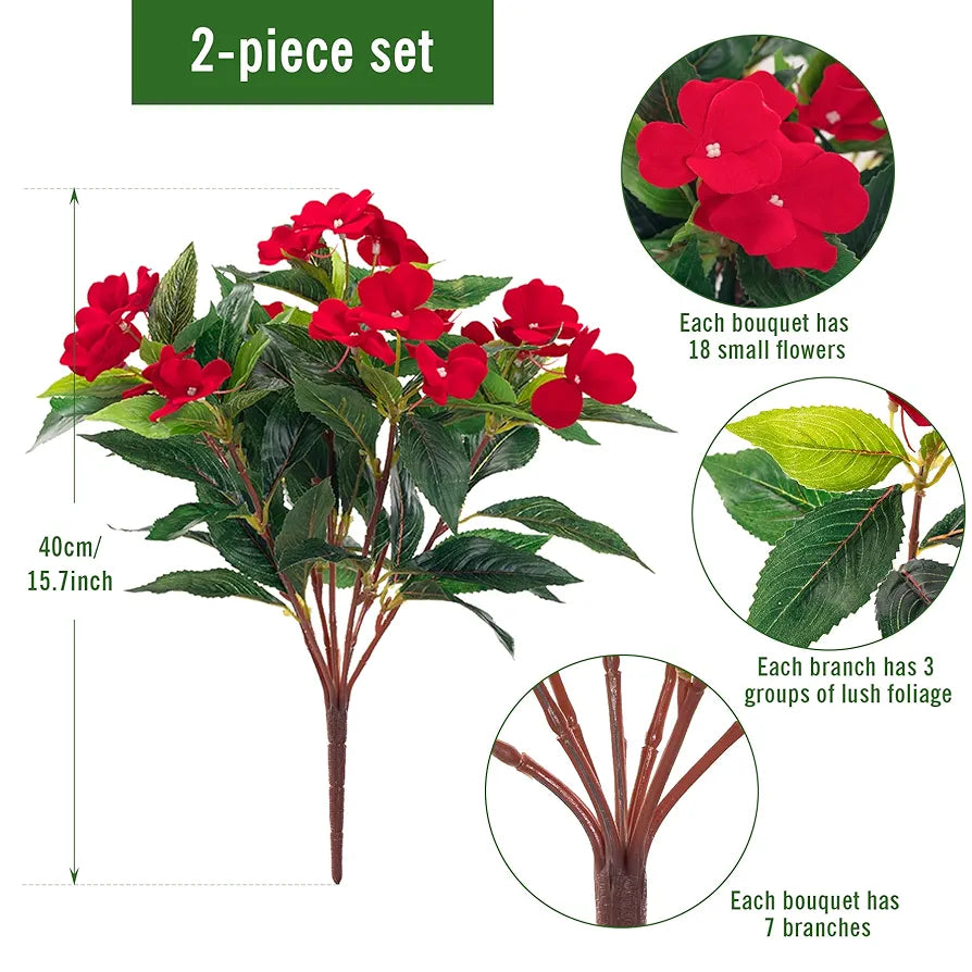 2 Pieces Artificial Flower Impatiens for Balcony Garden Bonsai Decoration Red-2