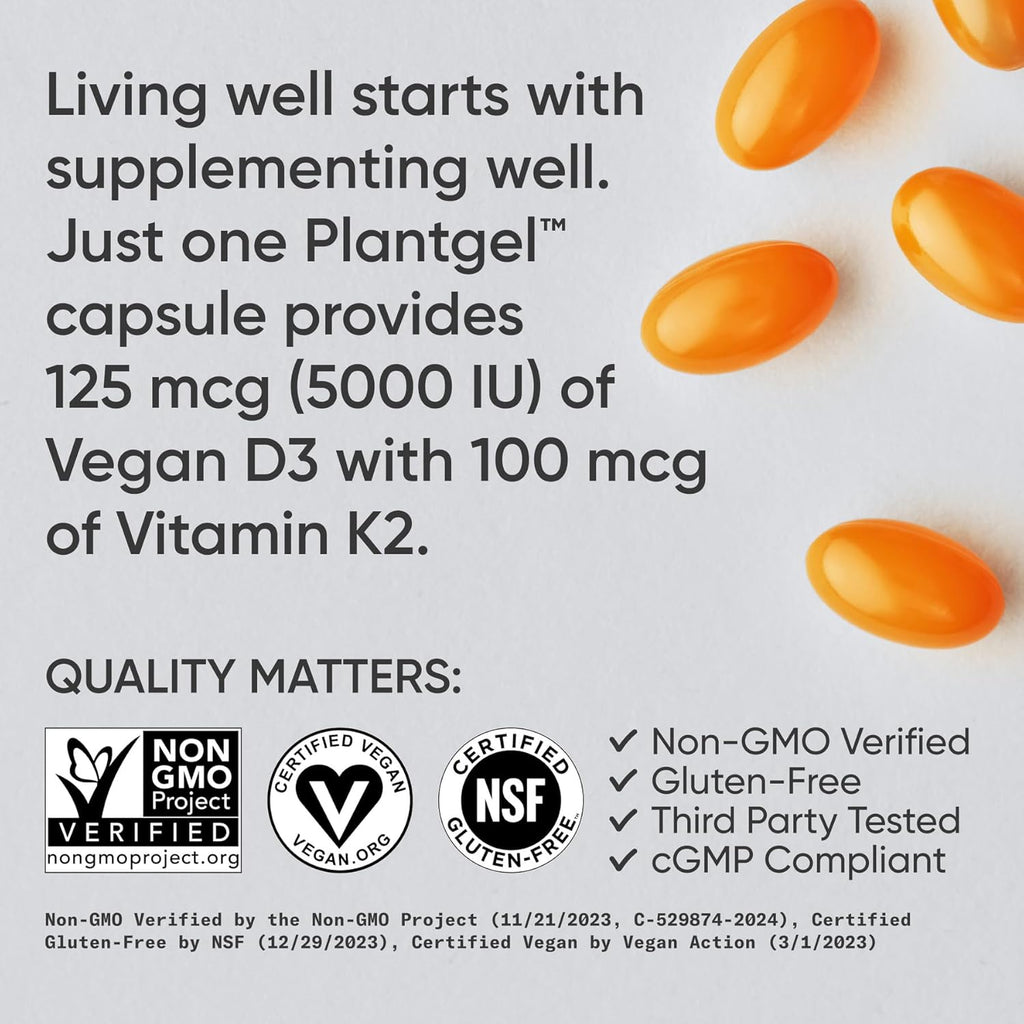 Sports ResearchÂ® Vitamin D3 + K2 w/Coconut Oil - Vegan Vitamin D 5000iu (125mcg) & Mk7 Vitamin K 100mcg for Bone & Immune Support - Vegan Certified Â· Non-GMO Â· Soy Free - 30 Softgels