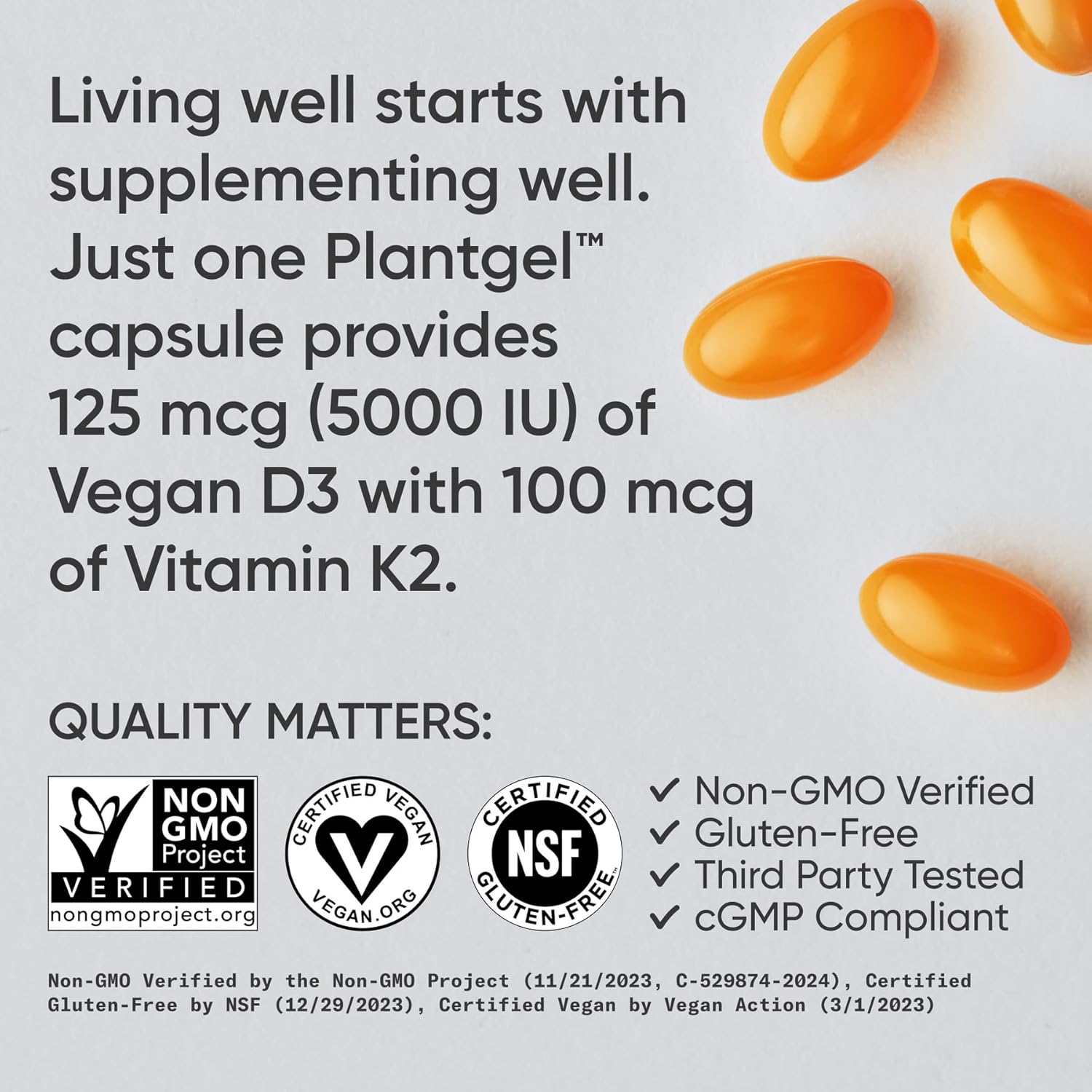 Sports ResearchÂ® Vitamin D3 + K2 w/Coconut Oil - Vegan Vitamin D 5000iu (125mcg) & Mk7 Vitamin K 100mcg for Bone & Immune Support - Vegan Certified Â· Non-GMO Â· Soy Free - 30 Softgels