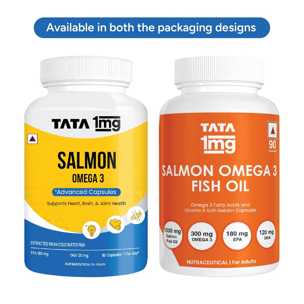Tata 1mg Salmon Omega 3 Fish Oil Supplements 1000mg Capsules | Triglyceride form | 180mg EPA & 120mg DHA | High Absorption for Heart,Brain & Joints | Helps Manage Cholesterol