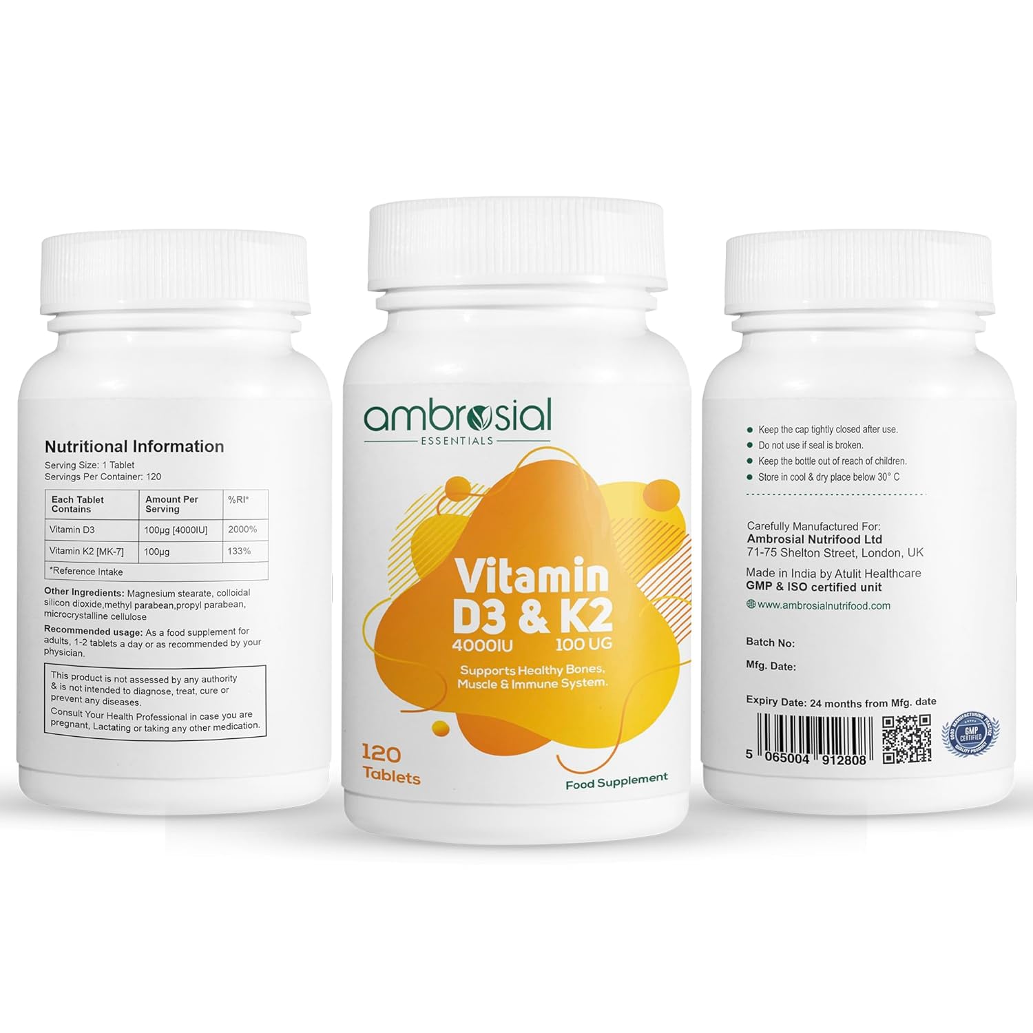 Ambrosial Vitamin D3 & K2 Tablets 4000IU Vitamin D3 + 100Âµg K2 MK-7 for Healthy Bones, Muscles, and to Support The Immune System - 120 Tablets