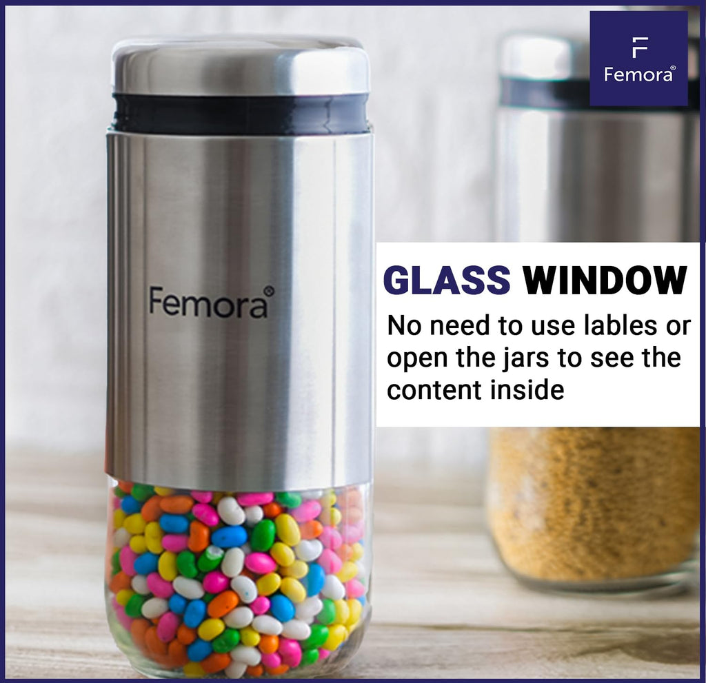 Femora Kitchen Storage Jars Steel Body With See Through Bottom Jar | 900 Ml | Set of 2